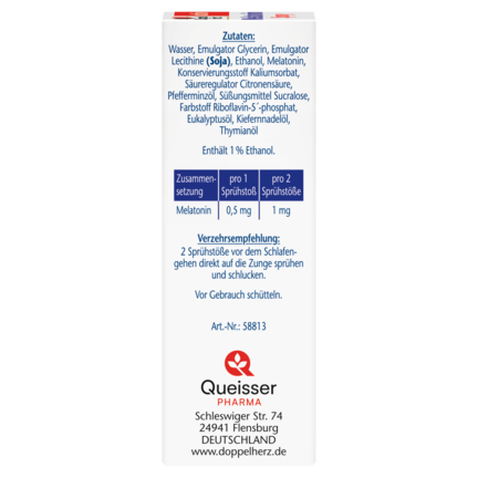 Illustration of the product packaging Doppelherz aktiv  Melatonin sprej  side view left