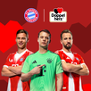 Tri igrača FC Bayern Münchena stoje ispred crvene pozadine s geometrijskim oblicima srca. S lijeva na desno: Harry Kane, Jamal Musiala i Manuel Neuer. Iznad njih nalaze se logotipi FC Bayern München i Doppelherz, koji ukazuju na partnerski odnos između brendova.